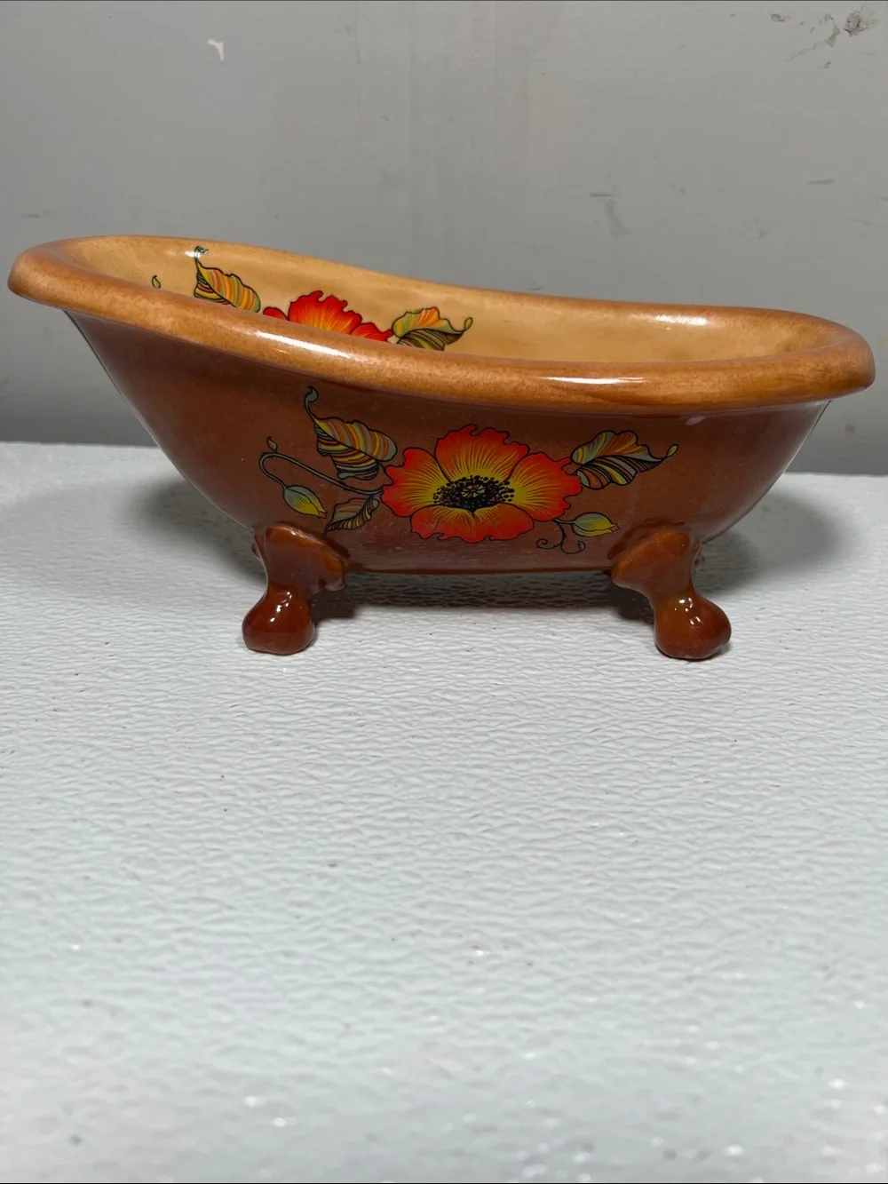 Vintage 70's Brown Glazed Pottery Footed Bathtub Soap Holder Bathroom Decor